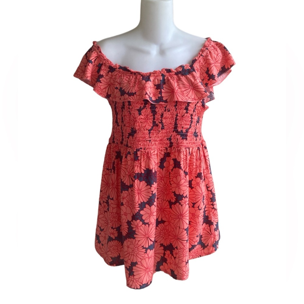 Ingrid & Isabel Maternity Top Off Shoulder Ruffle Coral Blue Smocked Flounce New